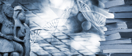 stack of books of figures of ancient cult sculptures and stylized DNA models