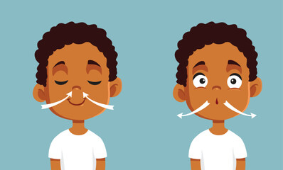 Little Boy Inhaling and Exhaling Vector Cartoon illustration. Healthy asthma patient breathing normally with calm
