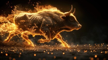 Bull running on fire Business bull market finance concept