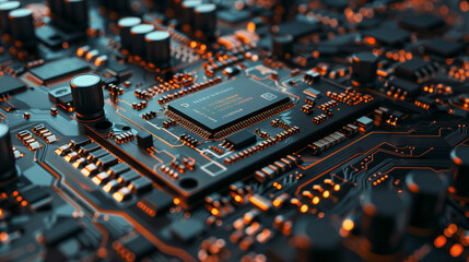 A detailed view of a circuit board with a central processing unit at its core. - Powered by Adobe