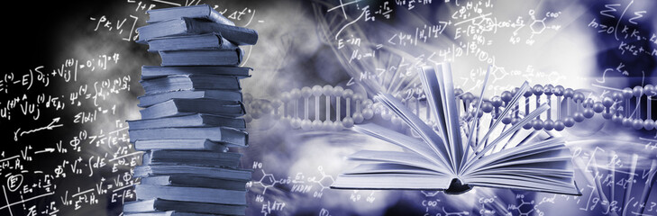 open book, a stack of books against the background of stylized DNA models and mathematical formulas