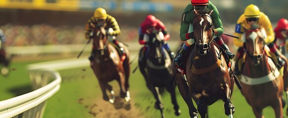 Naklejka premium Horses and jockeys racing on the track during a horse race, close up.