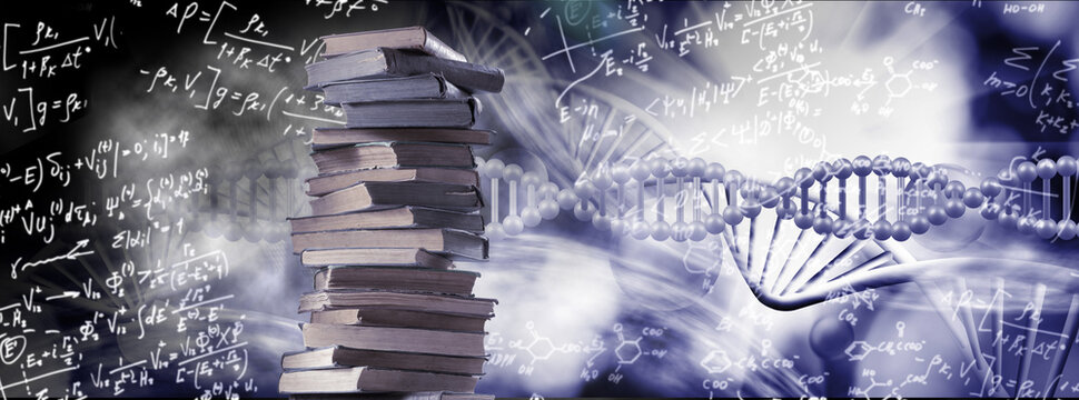 stack of books against a background of stylized DNA models and mathematical formulas