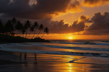 Burnt orange sunrise over a black sand beach with palm trees. 