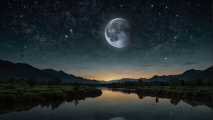 Fototapeta premium A poem about the moon casting its silver glow over a tranquil, midnight landscape ai_generated