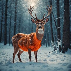 
deer in the forest with a winter background with deer wearing sunglass and a jacket and playing a guitar
