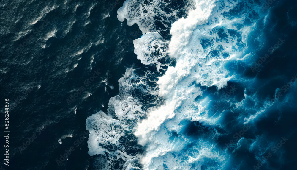 Poster an aerial view of ocean waves crashing and creating white foam, set against a deep blue sea, depicti