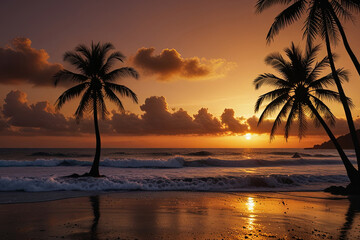 Fototapeta na wymiar Burnt orange sunrise over a black sand beach with palm trees. 