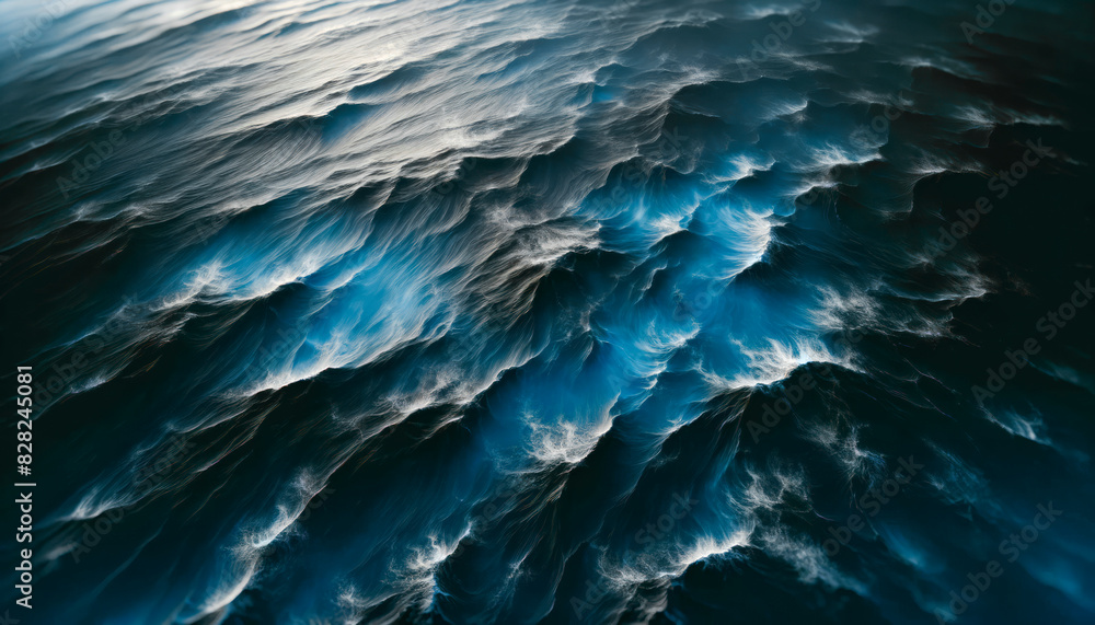 Poster a highly detailed image of ocean waves, in a realistic style, on a dark background, conveying a conc