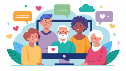 An online community support forum for senior citizens providing a safe space for sharing experiences and finding emotional support.. Vector illustration
