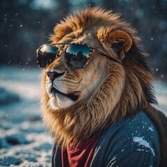 
deer in the forest with a winter background with deer wearing sunglass and a jacket and playing a guitar
