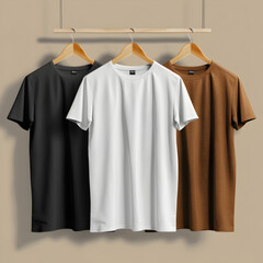 Rack with clean Pastel colored plain t shirts hang on hanger mockup for designing and printing Men's black white and brown short sleeve t-shirt mockup Front view template..