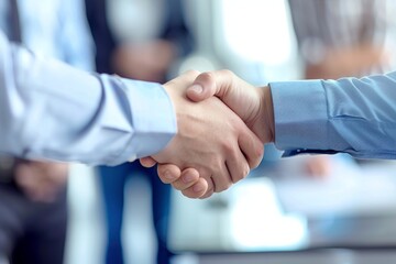 Business handshake close-up on office desk, text copy space