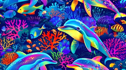 Fototapeta premium Vibrant Underwater Dreamscape with Joyful Dolphins and Coral Reef Structures