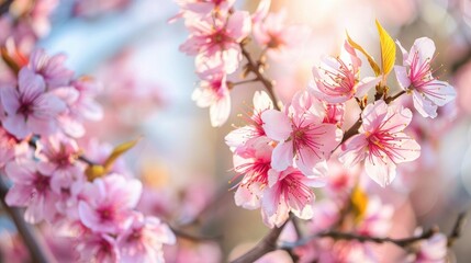 Obraz premium Flowering cherry and peach trees bloom in a park or garden with small blossoms on branches under a sunny sky as Easter approaches