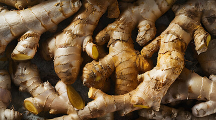 Texture of fresh ginger roots as background