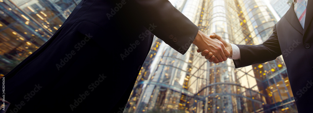 Poster two professionals shaking hands in front of a modern building, a concept of business agreement. gene