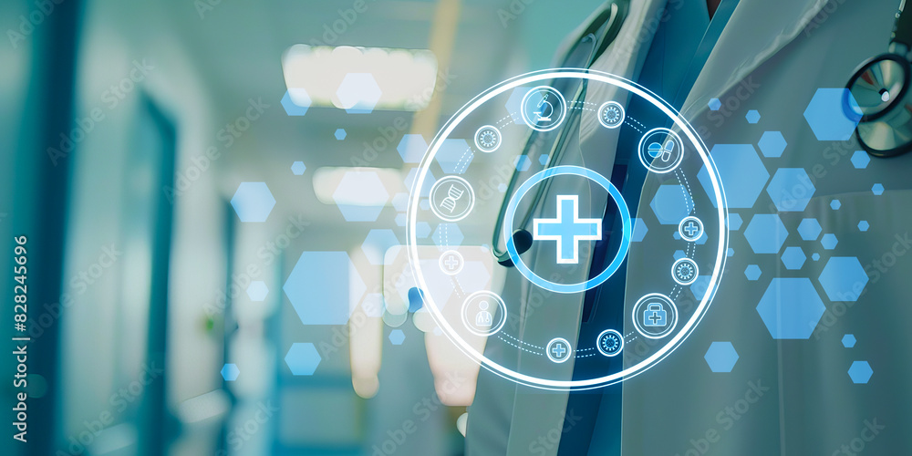 Aufkleber a healthcare professional with digital health interface graphics, creative concept on a blurred hosp