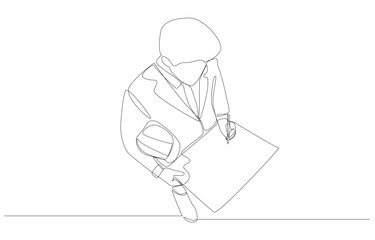 Continuous one line drawing of engineer reviewing construction design document from high angle view, construction-related business concept, single line art.