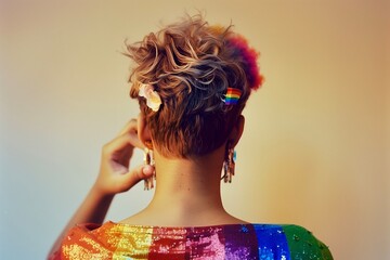 The Pride month concept LGBTQ Woman Back View with Rainbow Hairclip in Natural Light 