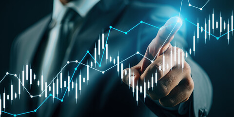 A businessman interacts with a futuristic holographic graph chart on a dark background, symbolizing data analysis. Generative AI