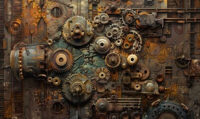 Vintage cogs and gears neatly arranged in artistic composition.