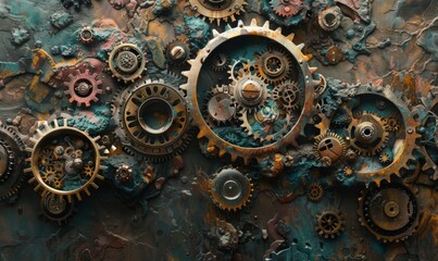 Vintage cogs and gears neatly arranged in artistic composition.