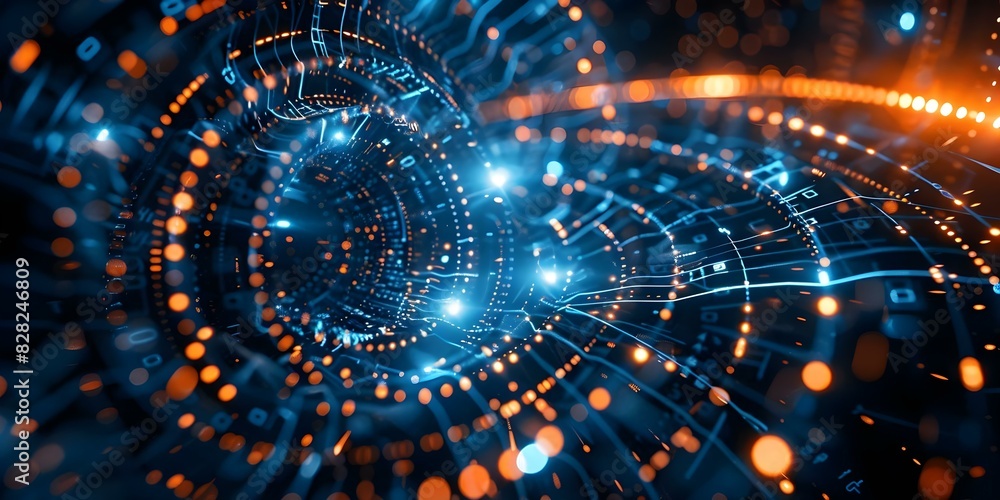 Poster journey through intricate patterns highlighting the vast complexity of technology. concept technolog