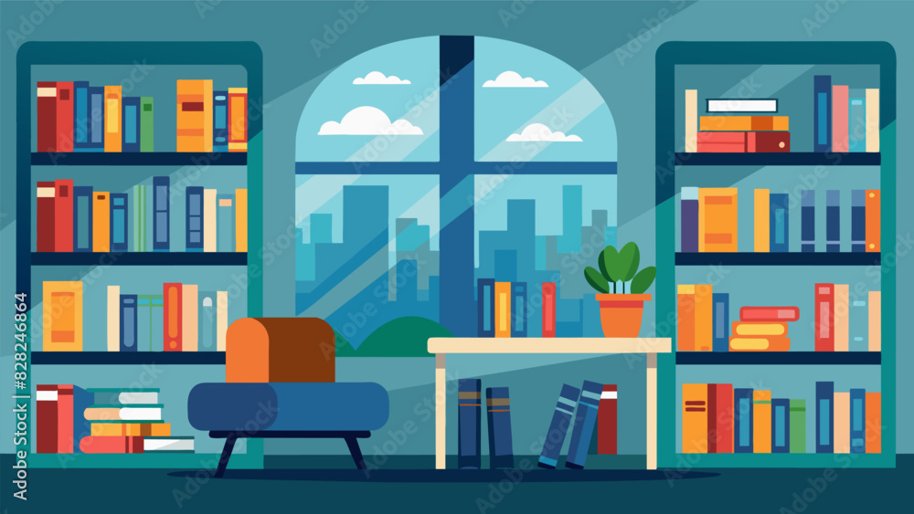 Poster a quiet library space filled with natural light and a variety of books allowing employees to escape 