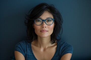 Fototapeta premium Confident Modern Professional Woman with Stylish Glasses on Blue Background