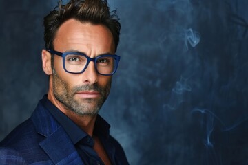 Fototapeta premium Handsome Man with Blue Glasses Posing in Dark Atmospheric Setting