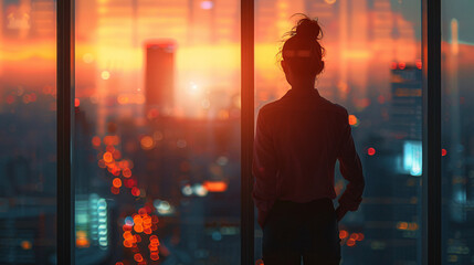 Fototapeta na wymiar Ambitious woman standing in an office with a city view, representing success and determination