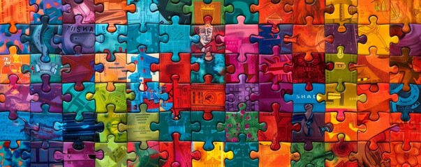 Vibrant Multi-Colored Jigsaw Puzzle Pieces Assembled on a Flat Surface