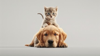Adorable Kitten on Loyal Golden Retriever's Back - Friendship Across Species