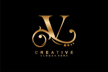 V letter logo with luxury gold floral ornament. V  monogram logo, V typography. suitable for business logos, companies, beauty, fashion, boutiques, etc