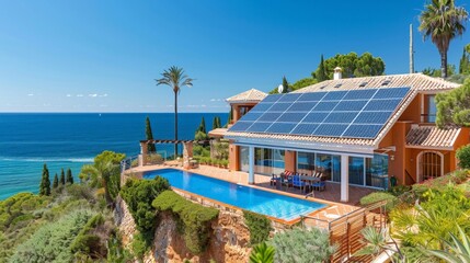 Obraz premium Luxurious Villa with Solar Panels Overlooking the Sea with Swimming Pool