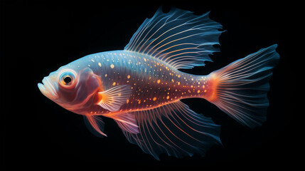 Fototapeta premium A vibrant, colorful fish with delicate fins against a black background. It showcases intricate patterns and a mesmerizing contrast of colors.