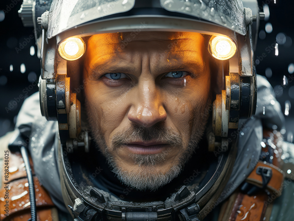 Poster Close-up portrait of a male astronaut with a helmet, lighted in a dark, rain-splattered background, depicting a concept of space exploration. Generative AI