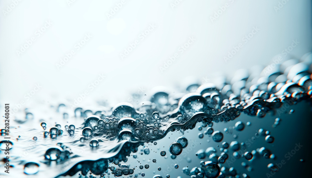 Poster close-up of water droplets on a gradient blue background, showcasing the concept of purity and hydra