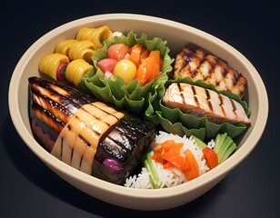 A bowl of food with grilled chicken, carrots, and rice. Cartoon style