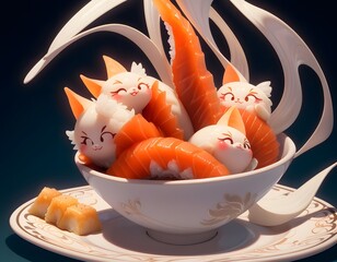 A bowl of sushi with a group of cat-shaped sushi rice pieces. Cartoon style