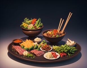 A plate of shabu-shabu with assorted meats, vegetables, and dipping sauces, looking incredibly appetizing. Cartoon style