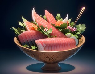 A bowl of sashimi in cartoon-style