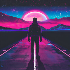 book cover synthwave retro futuristic man standing in middle of road silhouette neon color palette punk rock aesthetic