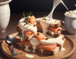 A plate of salmon and cream cheese sandwiches with a spoonful of cream in the background. Cartoon style