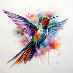 Obraz premium Colorful watercolor painting of a hummingbird in flight, vibrant art with splashes of purple, green, and red, capturing nature's beauty.