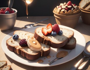 A plate of toast topped with berries, blueberries, and a peanut butter dollop. Cartoon style