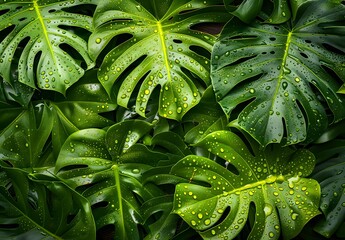 Fototapeta premium Top view of Monstera leaves with water drops, lush green foliage background