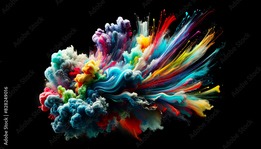 Poster explosive burst of colorful ink splashes on a black background, embodying a dynamic and creative con