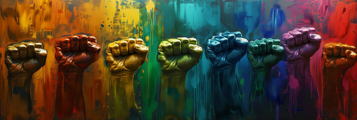 Colorful fists raised in unity against a painted background. Equality and empowerment concept.